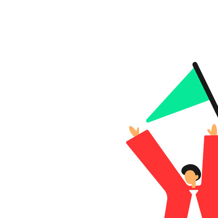 Presenter holding green flag. Man presenting agenda. Person speaking loudly. Main object on white background. Vector bright color cartoon illustration.のイラスト素材