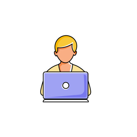 Laptop with important information on the screen. Man typing main message. People whatching on monitor. Single bright colored object on white background.のイラスト素材