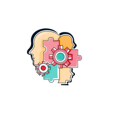 Single vector main object without background. Head with mechanic brain. Future robot machine. Terminator cartoon illustration. Colored bright technology image.のイラスト素材