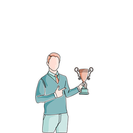 Man Holding Winner cup on blank background. Smiling guy celebrating winning a contest with a trophy in hands.のイラスト素材