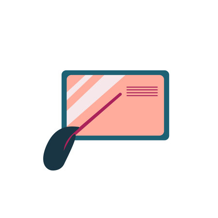 Vector illustration with school and office supplise laing on desk. Paper, pencil, pen, ruller, calendar. Letters digits. Hand drawing bright color image.のイラスト素材