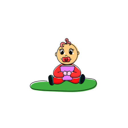 Toddler sitting on grass in park holding bucket of sweets or a book. Baby in red suit playing with toy outside in the garden without parents around.のイラスト素材