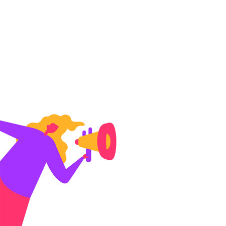 Businesswoman Presenting Important Information with megaphone. Lady Having Sound Device In Hand And Main Information. Critical Announcements Displayed With Drawings Around.のイラスト素材
