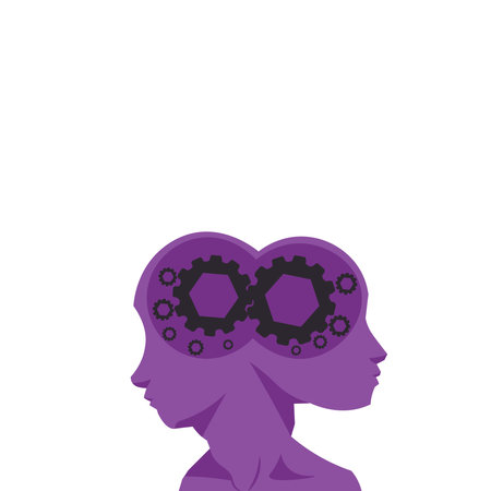 Head with mechanical elements. Robot presenting main agenda. Two faces person speaking loudly. Vector illustration. Cartoon element on white background.のイラスト素材