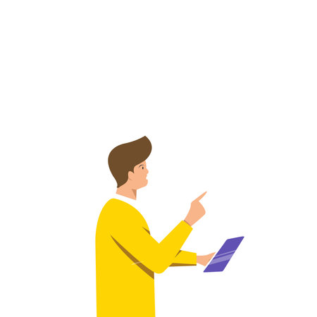 Colegue Discussing Business Planning Pointing Hands On Financial Charts. Flat View Illustration Of Man Pointing At Tablet with Index Finger.のイラスト素材