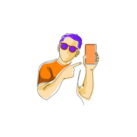 Person holding mobile phone. Important message on the screen. Cellphone with applications in hand. Finger pressing button. Bright color vector image. Single object.のイラスト素材