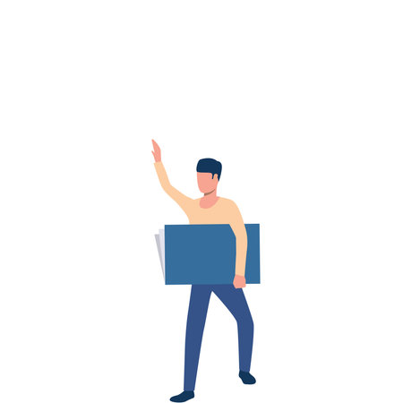 Man with a big book in hand waving his hand in greetings. Teacher gives students sign to enter classes. Male coach greets newcomers or visitors.のイラスト素材
