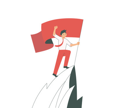 Gentleman In Suit Climbing Mountain Running Forward Success Reaching Goals. Businessman Moving Upwards Ladder Representing Successfully Achieving Stable Growth.のイラスト素材