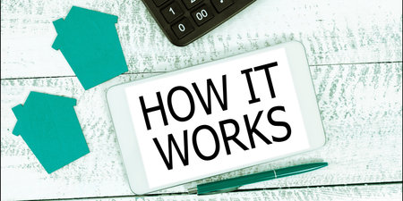 Text sign showing How It Works. Business approach Used to asked about on What Way or manner By What Meansの写真素材