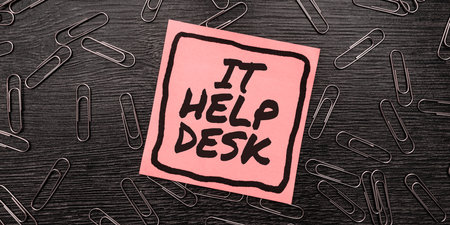 Sign displaying It Help Desk. Business overview Online support assistance helping people with technologyの写真素材