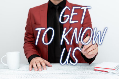Text sign showing Get To Know Us. Word for acquiring an important gateway pass for a specific event or tripの写真素材