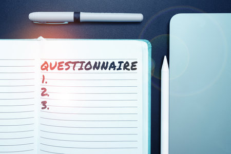 Writing displaying text Questionnaire. Business concept Set of enquires Basis of interrogating someone Need feedbacksの写真素材