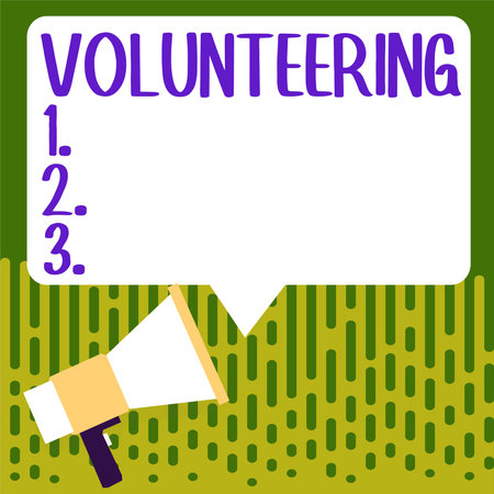 Hand writing sign Volunteering. Concept meaning Provide services for no financial gain Willingly Obligeの写真素材