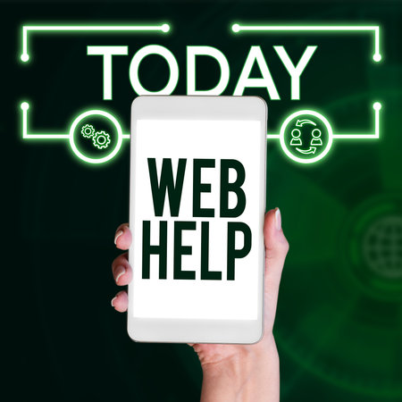 Text caption presenting Web Help. Conceptual photo procedural or reference information delivered...