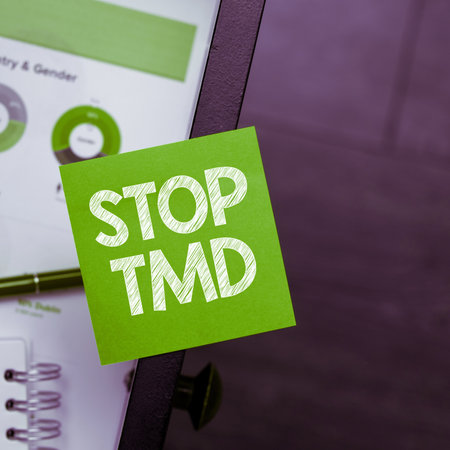 Conceptual caption Stop Tmd. Concept meaning Prevent the disorder or problem affecting the chewing musclesの写真素材