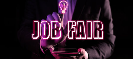 Text showing inspiration Job Fair. Concept meaning An event where a person can apply for a job in multiple companiesの写真素材