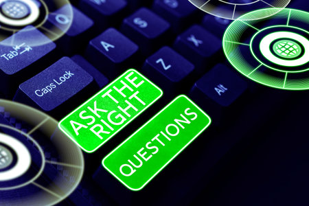 Text sign showing Ask The Right Questions. Word for Look for a professional advice consultation supportの写真素材