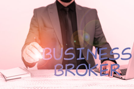 Hand writing sign Business Broker. Internet Concept publishing short-form content of a businessの写真素材