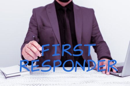 Text showing inspiration First Responder. Business concept a person who is responsible for going immediately to the accidentの写真素材