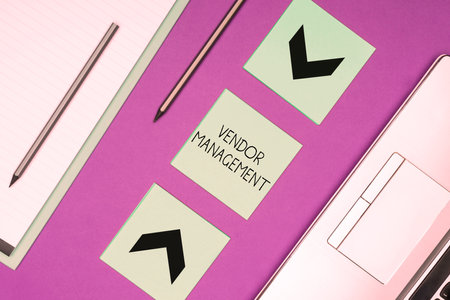 Inspiration showing sign Vendor Management. Business overview activities included in researching and sourcing vendorsの写真素材