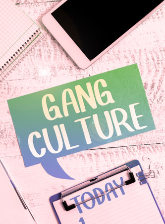 Sign displaying Gang Culture. Word Written on particular organization of criminals or group of gangsters that follow ones habitsの写真素材