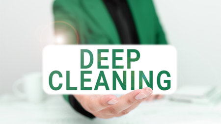 Sign displaying Deep Cleaning. Conceptual photo an act of thoroughly removing dirt and grime from somethingの写真素材