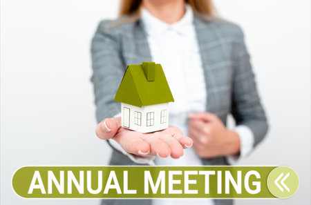 Text caption presenting Annual Meeting. Business overview Yearly gathering of an organization interested shareholdersの写真素材