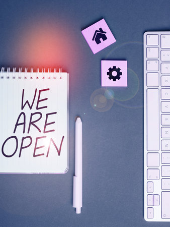 Handwriting text We Are Open. Business idea no enclosing or confining barrier, accessible on all sidesの写真素材