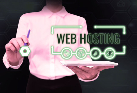 Sign displaying Web Hosting. Business overview The activity of providing storage space and access for websitesの写真素材
