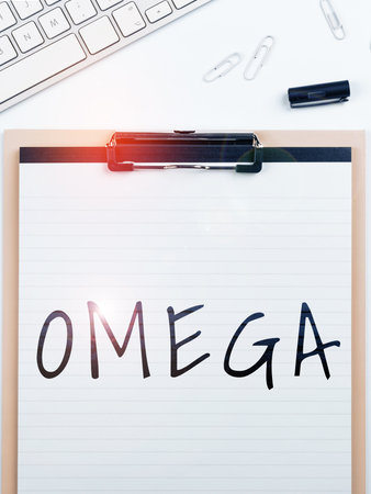 Sign displaying Omega. Business overview Class of essential fatty acids Lower the levels of cholesterol and LDLの写真素材