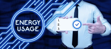 Text caption presenting Energy Usage. Business overview Amount of energy consumed or used in a process or systemの写真素材