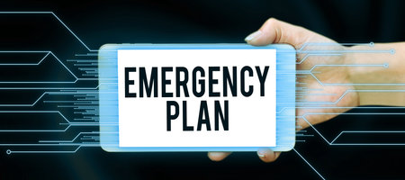 Hand writing sign Emergency Plan. Internet Concept Procedures for response to major emergencies Be preparedの写真素材