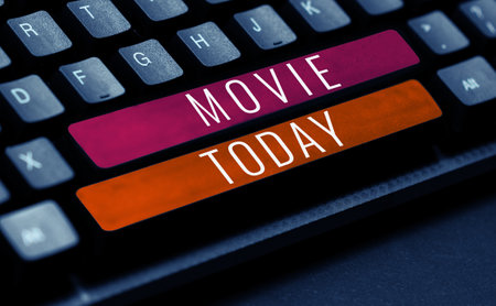Hand writing sign Movie. Business showcase Cinema or television film Motion picture Video displayed on screenの写真素材