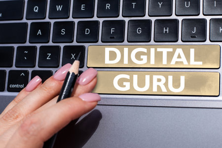 Conceptual caption Digital Guru. Word Written on teacher and intellectual guide in matters of fundamental concern of electronicsの写真素材