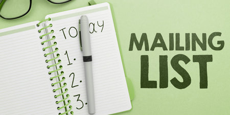 Text caption presenting Mailing List. Concept meaning list of people who subscribe to a periodic mailing distributionの写真素材