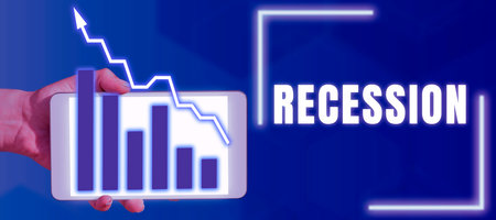 Text sign showing Recession. Concept meaning the process of progressive decrease in growing, period of reductionの写真素材