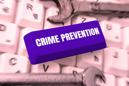 Text caption presenting Crime Prevention. Business showcase Federal Offense actions Illegal Activities punishable by Lawの写真素材