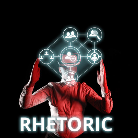 Conceptual caption Rhetoric. Business overview study of writing or speaking as mean of communication or persuasionの写真素材