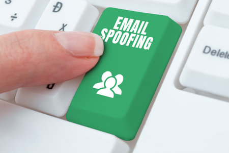 Hand writing sign Email Spoofing. Business idea secure the access and content of an email account or serviceの写真素材