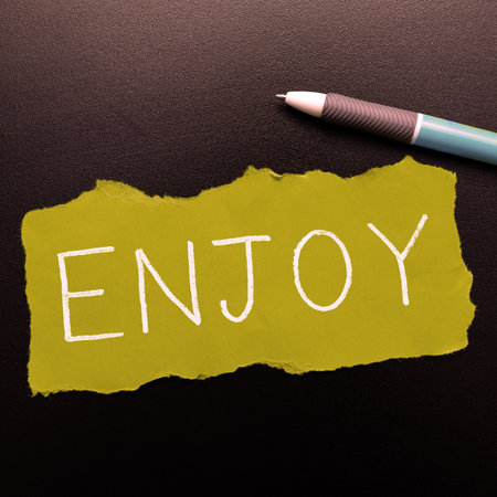 Text caption presenting Enjoy. Business concept take delight or pleasure in activity occasion hobby Having Funの写真素材