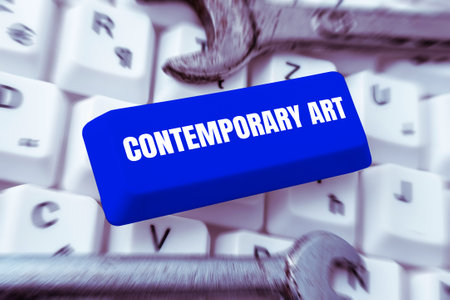 Conceptual caption Contemporary Art. Business showcase made today by living artists influenced by advancing worldの写真素材