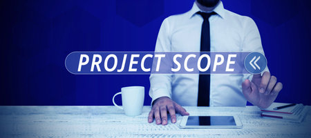 Conceptual caption Project Scope. Concept meaning evaluation of work efforts a product development requires to completeの写真素材