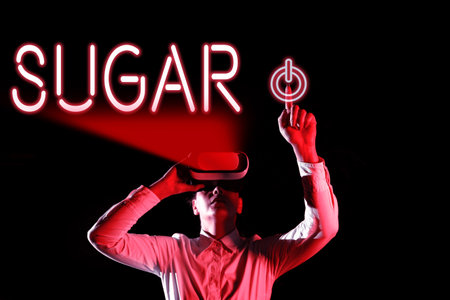 Conceptual caption Sugar. Word Written on sweet crystalline substance obtained from various plants like caneの写真素材
