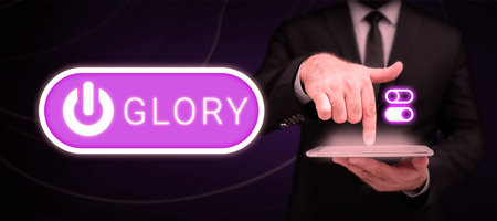 Hand writing sign Glory. Concept meaning high renown or honor won by notable achievements To take prideの写真素材