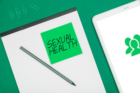 Hand writing sign Sexual Health. Business overview Healthier body Satisfying Sexual life Positive relationshipsの写真素材