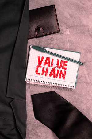 Hand writing sign Value Chain. Word for Business manufacturing process Industry development analysisの写真素材