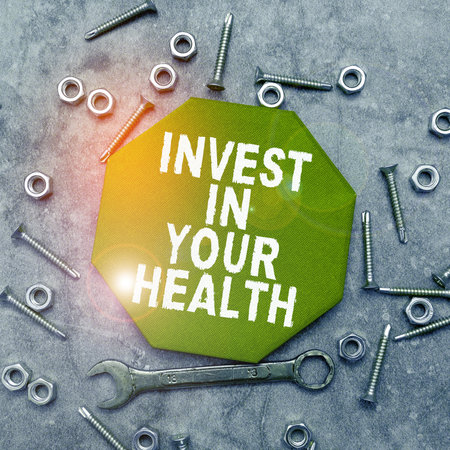 Hand writing sign Invest In Your Health. Concept meaning Live a Healthy Lifestyle Quality Food for Wellnessの写真素材