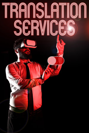 Conceptual caption Translation Services. Business overview organization that provide people to translate speechの写真素材