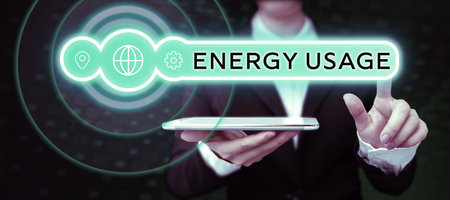 Conceptual caption Energy Usage. Business overview Amount of energy consumed or used in a process or systemの写真素材