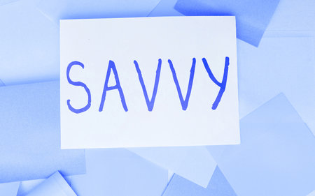Writing displaying text Savvy. Word Written on having perception, comprehension in practical mattersの写真素材
